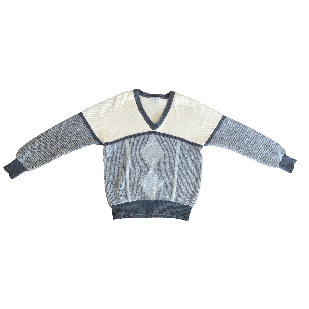 Ted Lapidus Cashmere Knit Sweater Long Sleeve V Neck Gray Cream Pullover 48 L